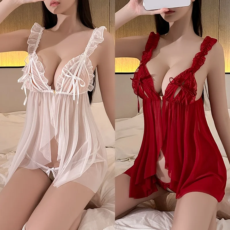 Sexy Lace Hollow Out Seductive Open Thin Sleepwear For Women Erotic Fetish Wear Porn Underwear Babydoll Nightgown 2-piece Set