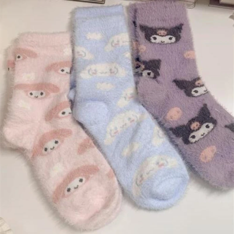 

Sanrio Kuromi Melody Plush Socks for Women Hello Kitty Autumn and Winter Thickened Girls Home Floor Socks To Prevent Cold Gifts