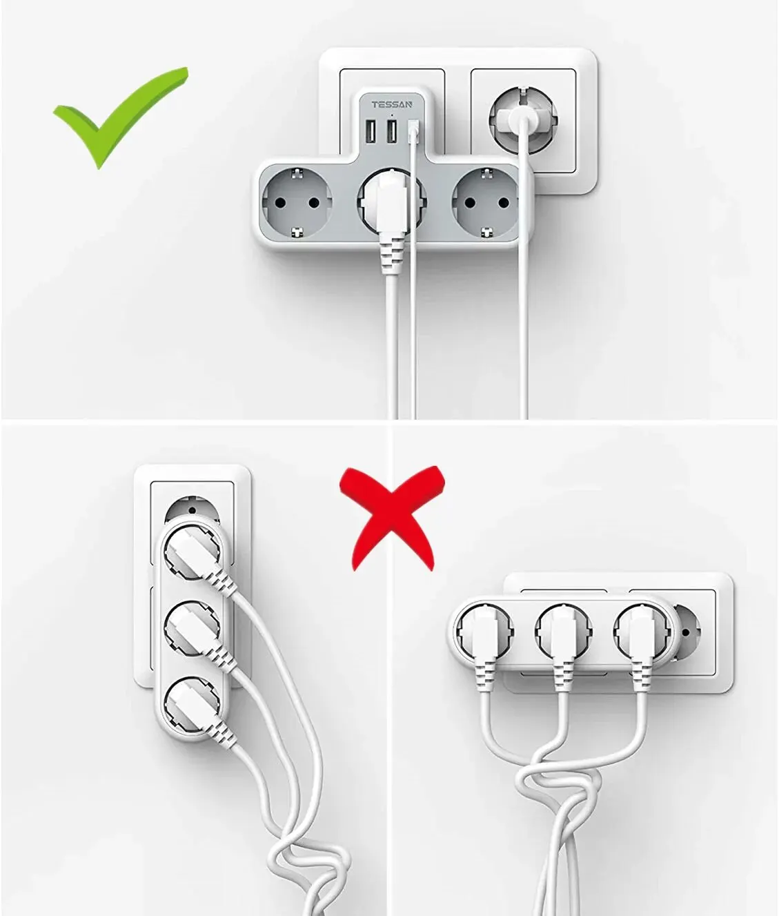 TESSAN EU Plug Power Strip with 3 AC Outlets and 3 USB Ports, Multiple Wall Socket Adapter Overload Protection for Home Office