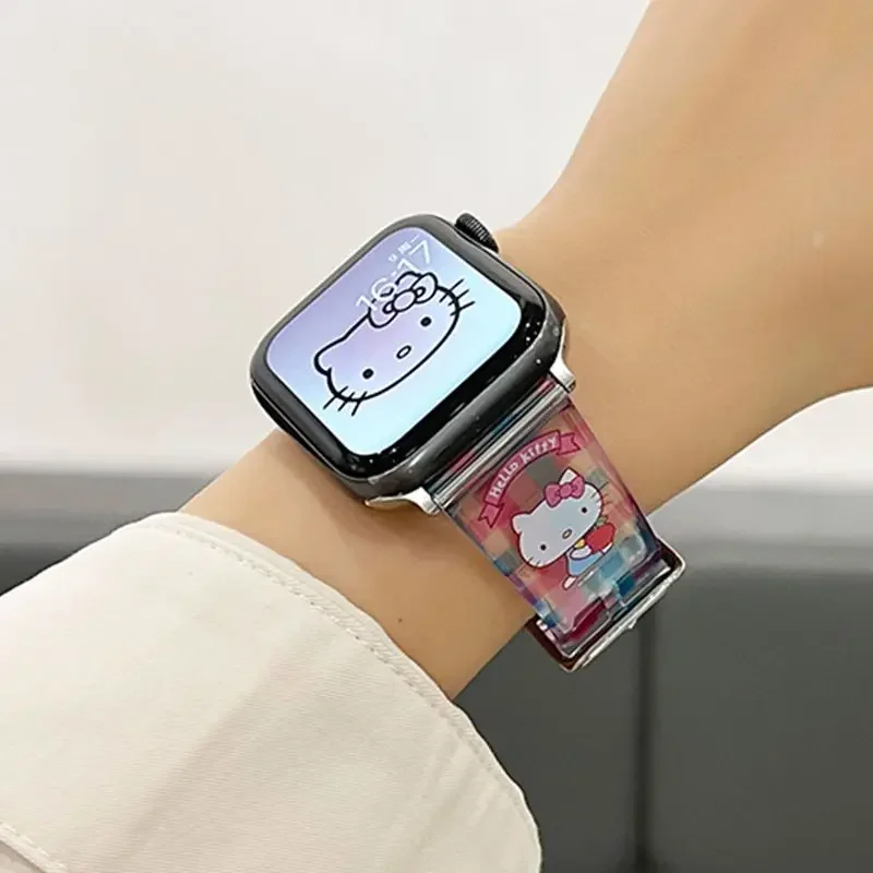 Sanrio Hello Kittys Kuromi Apple Iwatch Watchbands Cute Cartoon Transparent Iwatch S7 8 9 40 44 45 MM Watchbands Birthday Gifts