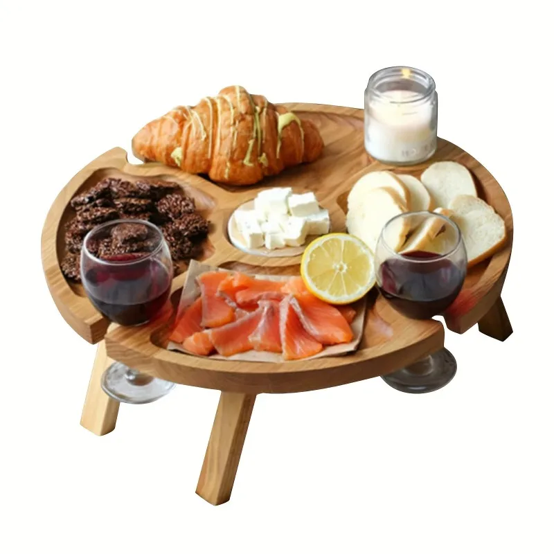 

Wooden Outdoor Folding Picnic Table 2 In 1 With Glass Cup Holder Portable Round Fruit Picnic Plate Foldable Desk For Beach Garde