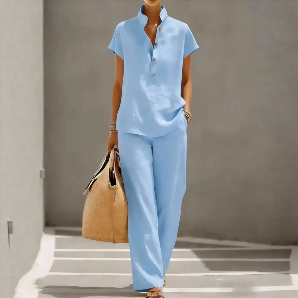 Sommer Einfarbiges Modisches Hemd mit Stehkragen und Kurzen Ärmeln, Damen-Anzug, Lässige Damen-Heimkleidung, Weite Hose, 2-teiliges Set