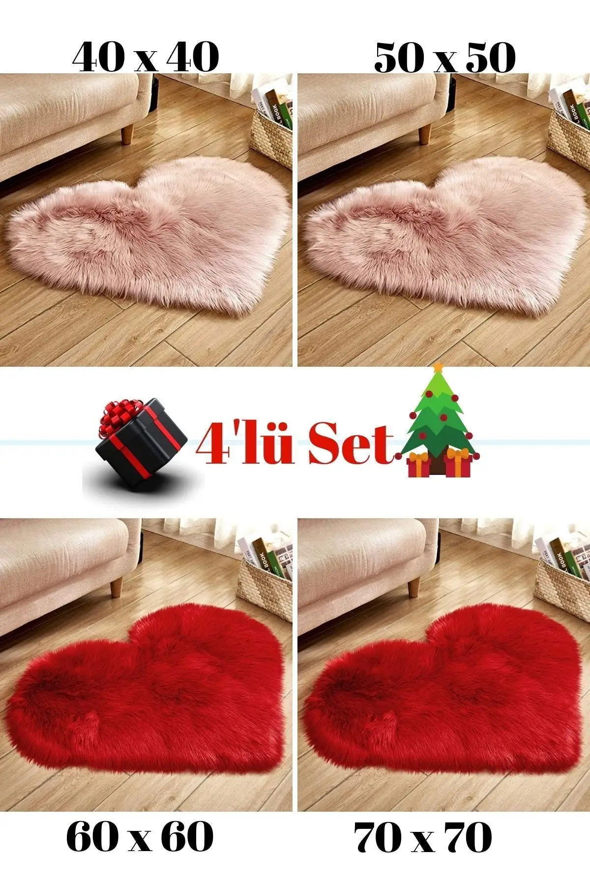 

Powder Red Plush Artificial Leather Non-Slip Base Soft Hide Antiallergic Carpet Mat Set Heart Model 4pcs