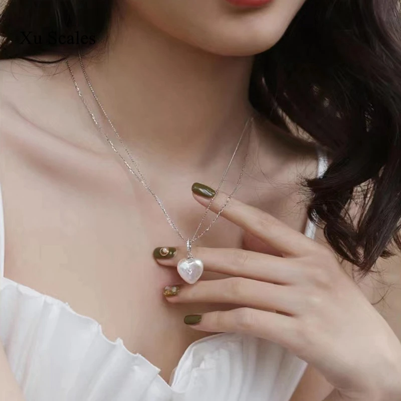 Handmade S925 Sterling Silver Double Chain Natural Fresh Water Baroque Love 15-16mm Pearl Pendant Necklace Romantic Girl Jewelry