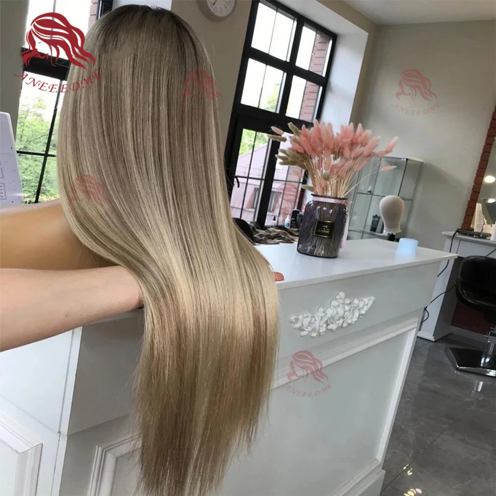 Ombre Ash blond koronkowa peruka na przód ludzkie włosy 13x4 koronkowa peruka na przód s dla kobiet wstępnie oskubane peruka z ludzkich włosów Remy