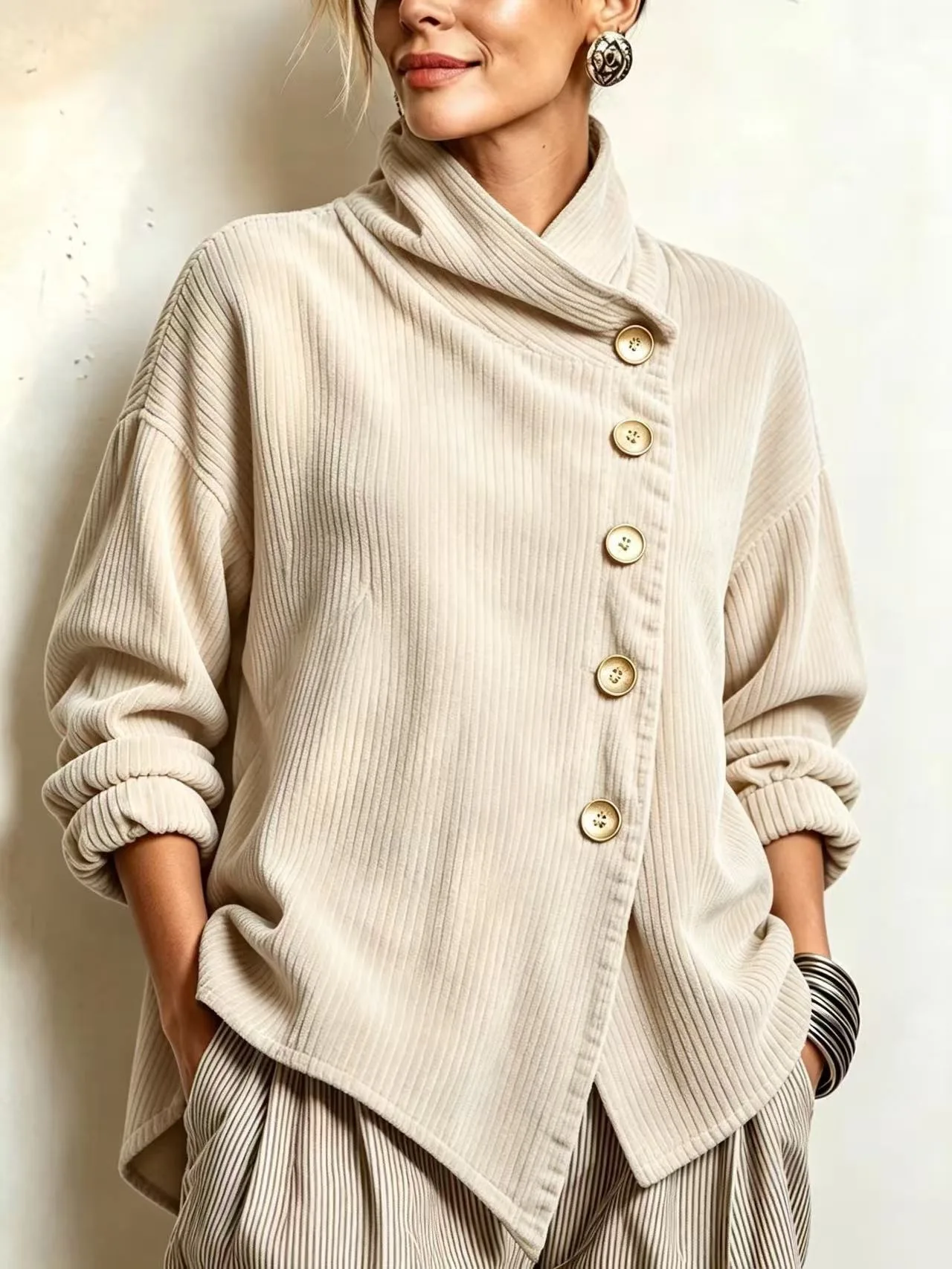 Women Solid Corduroy Button Cardigan Jacket Coat Fall Winter Stand Long Sleeve Loose Coat Female Irregular Fashion Party Coat