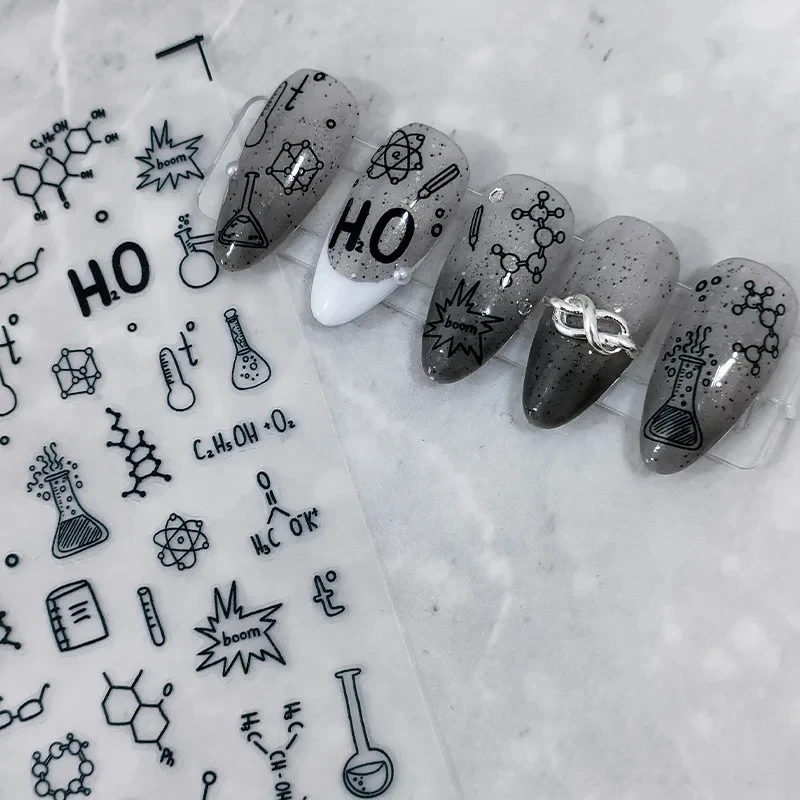 Chemistry Elements 5D Self Adhesive Nail Art Stickers White Moon Stars Cloud Butterfly Transparent Manicure Decals Wholesale