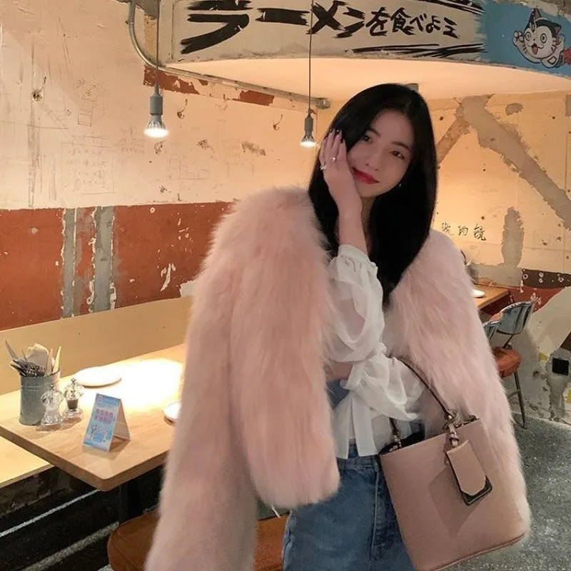 Women Autumn Winter Faux Fur Coat Korean Fashion Casual Imitation Fox Fur Coat Women's Short Winter Jacket Pink Black White