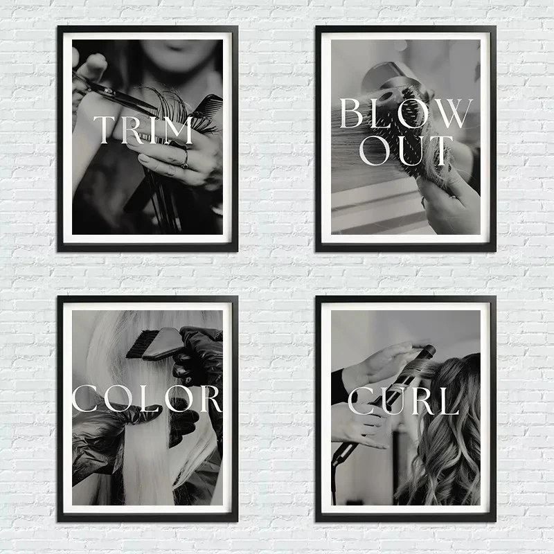 Classic Fashion Hair Salon Sign Trim,Color,Curl h-Hairstylist Tool Poster Canvas Painting Wall Art Pictures Home Decor Gift