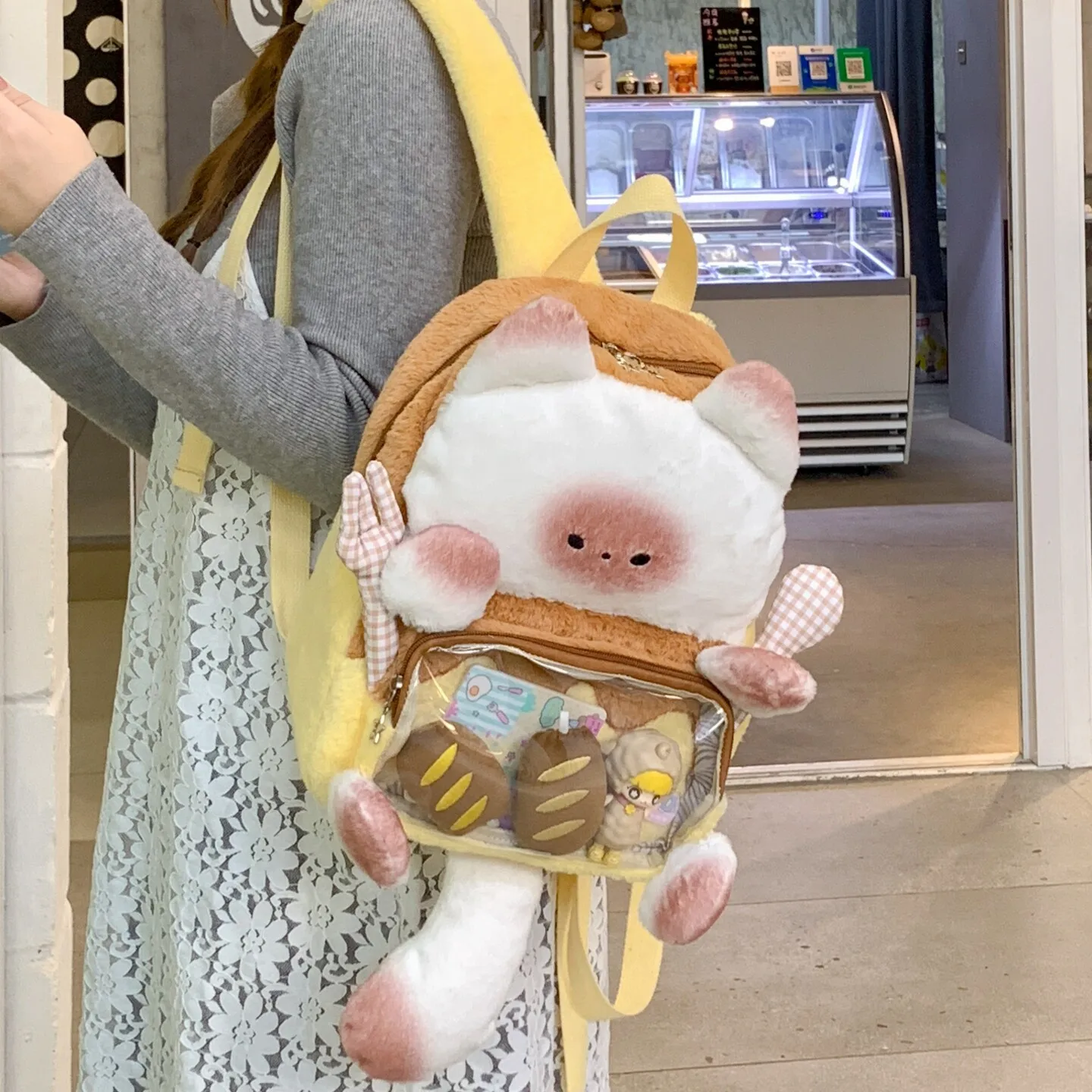 Soft Girl Sweet Cute Plush Bread Cartoon Cat Backpack Women's Daily Versatile Girl Transparent Pain Bag Large Capacity Backpack