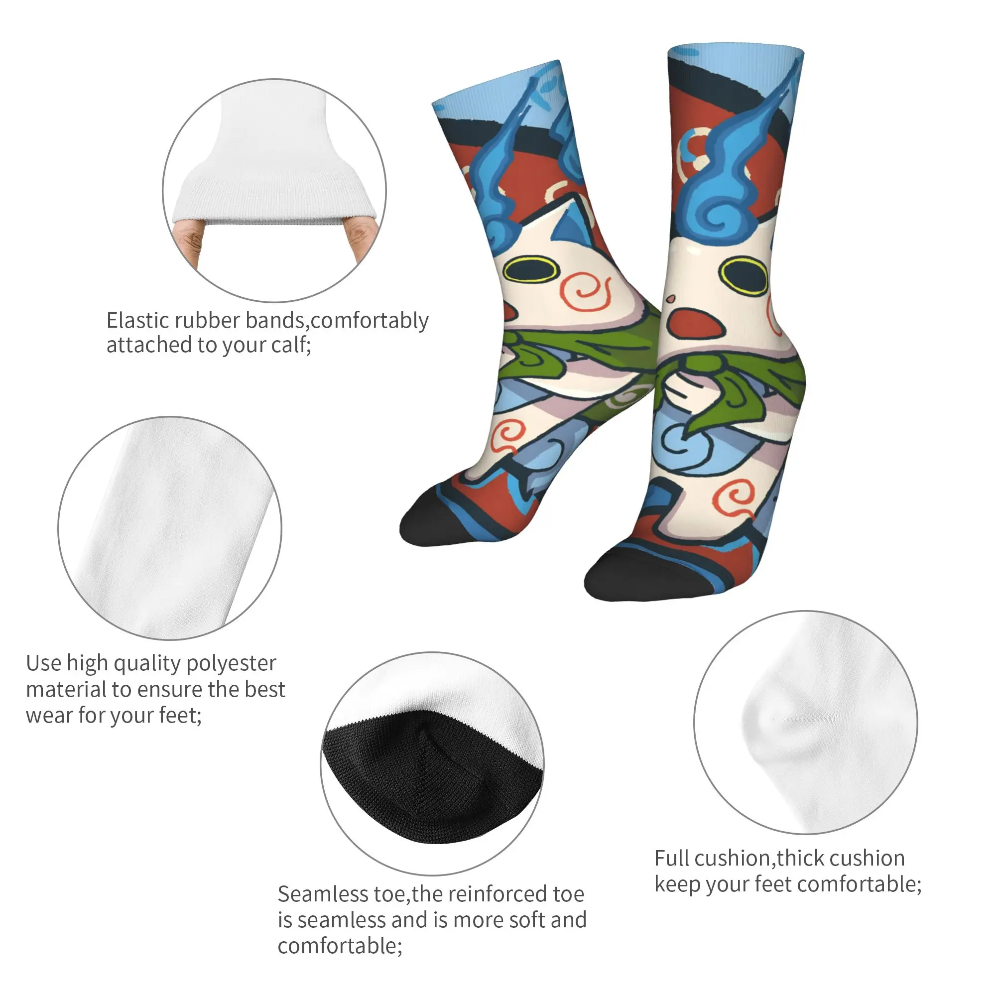 Casual Yokai Watch Game Football Socks Jibanyan Robonyan Shogunyan Polyester Crew Socks for Unisex Breathable