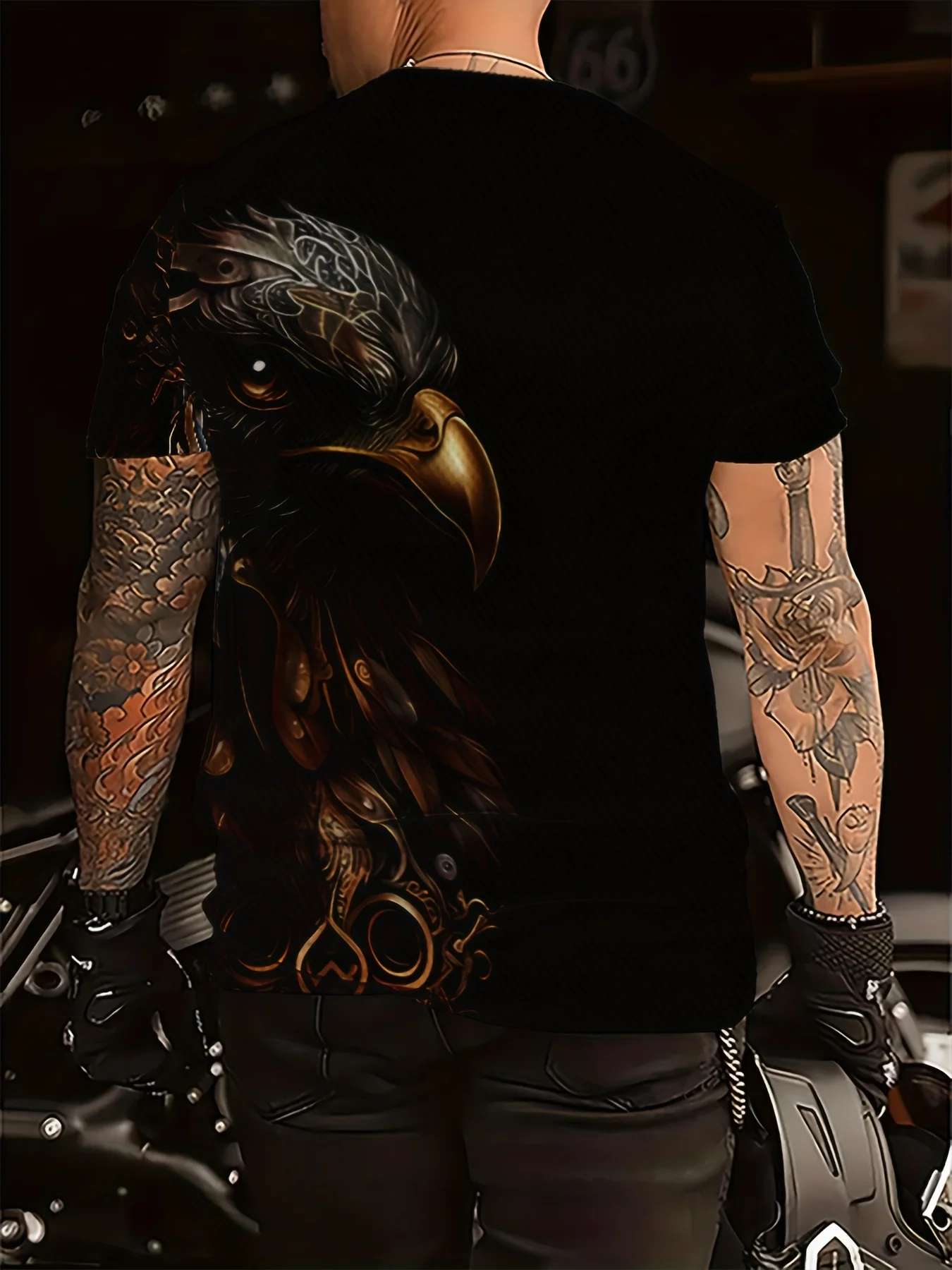 Men's Mechanical Bald Eagle Metal Texture Print T-Shirt Patriotic Wild Bird Crew Neck Top