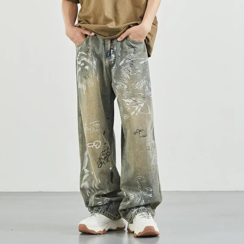 

American Retro Graffiti Jeans Men's Washed Loose Straight Leg Wide Leg Pants