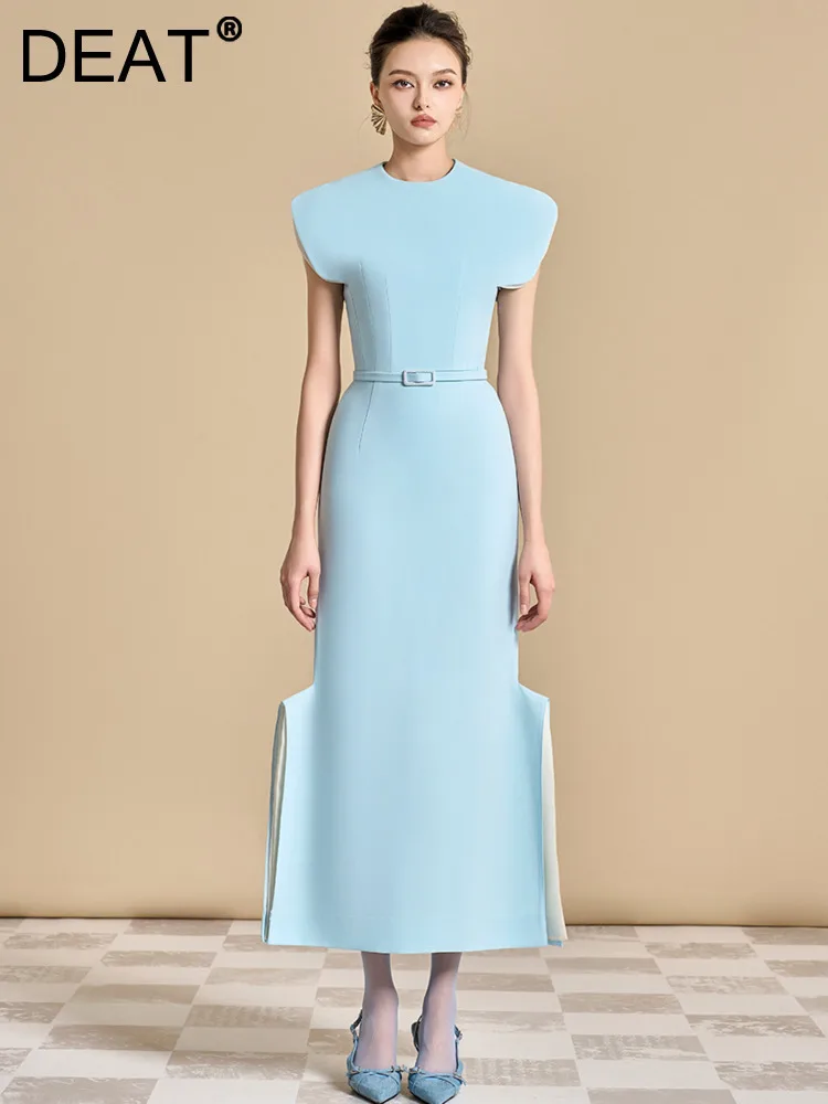 

DEAT Elegant Dress O-neck Sleeveless Contrast Color Patchwork Belt Waist Women's Evening Party Dresses 2024 Autumn New 13DL635