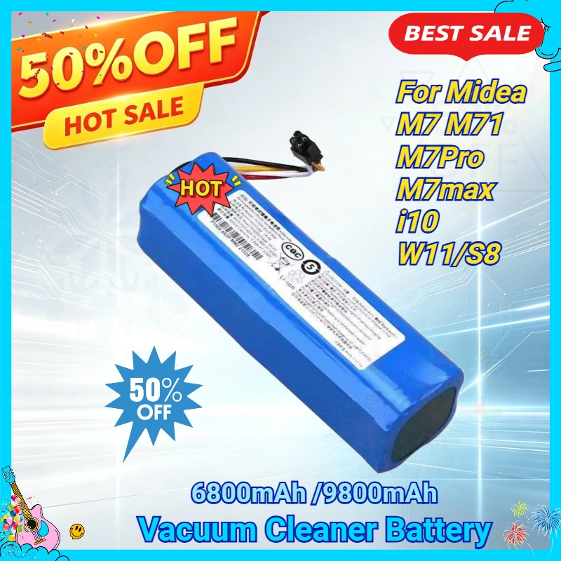 14.4V 6800mAh-9800mAh High Capacity Battery Suitable for Midea Sweeper M7 M71 M7Pro Vacuum Cleaner I10 W11/S8 Lithium Battery