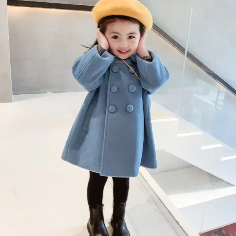 Double Breasted Girls Woolen Coats Autumn Winter Trench Jacket Coat 2-6Yrs Children Clothes for Kids Outerwear Birthday Present