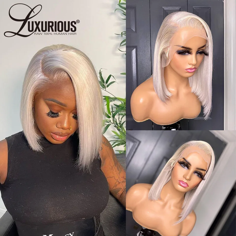 Silver Grey Short Bob Wig Lace Front Human Hair Wigs For Women Transparent 613Colored #60 White Blonde Frontal Lace Wig