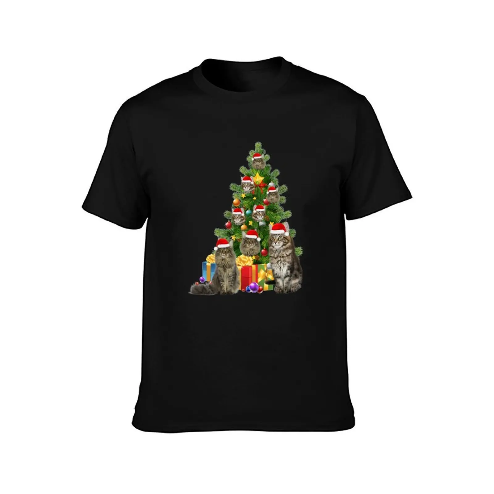 Maine Coon Cat Christmas Tree T-Shirt, Summer Casual Cotton Tee, Oversized Streetwear Tops, Vintage Graphic Print, 100% Cotton