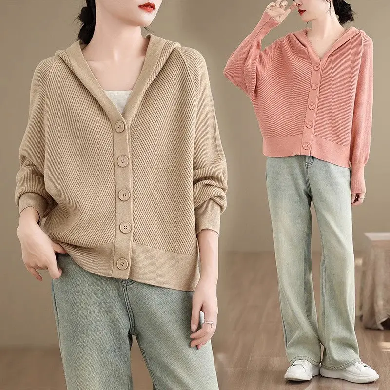 Autumn And Winter Solid Color Korean Hooded Short Sweater Cardigan Women's Button Single Breasted Top Knitted Shirt Coat K2655