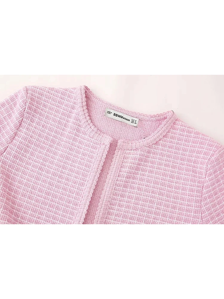 Girls Elegant O-Neck Short Sleeve Pink Plaid Print Knitted Cardigan Outwear Chic Lady 2024 Summer Casual Loose Sweaters