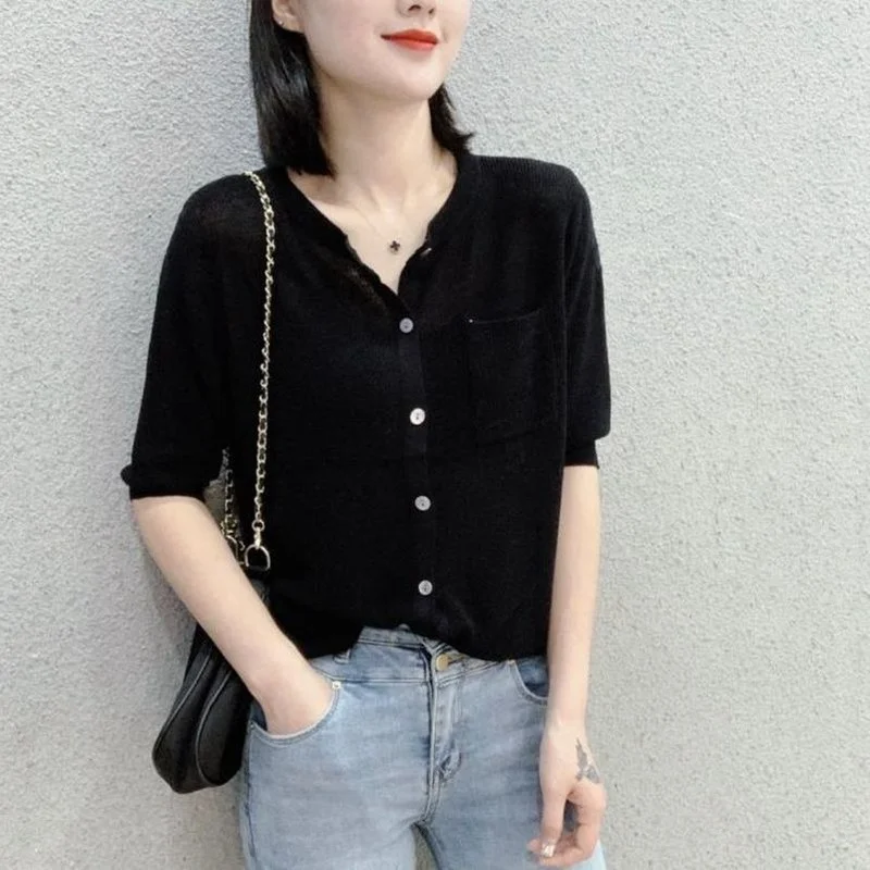 Cardigan Women Solid Thin Summer Short Sleeve All-match Ulzzang Fashion Chic Casual Elegant Female Daily Retro New Simple O-neck