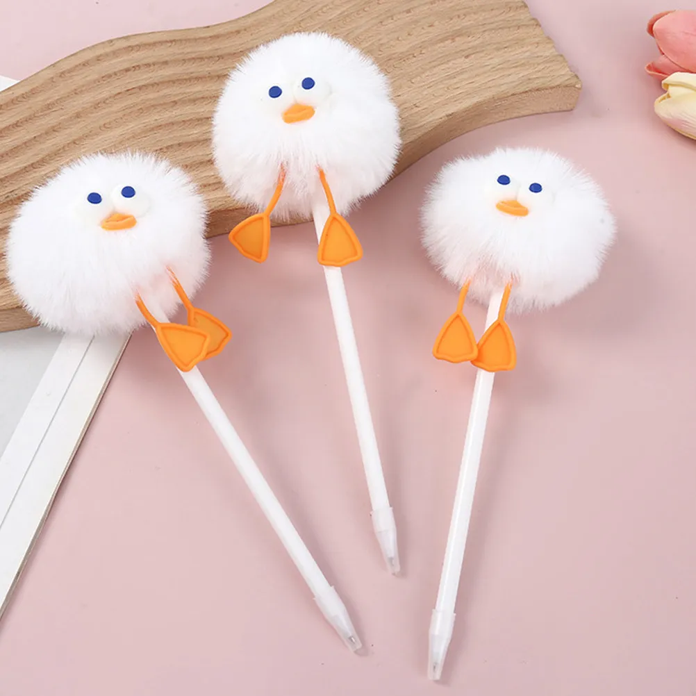 3Pcs Cute Duck Ballpoint Pens Soft Pom Pom Top Smooth Ink Office School Writing Journals Pompom Ballpoint Pen Pens