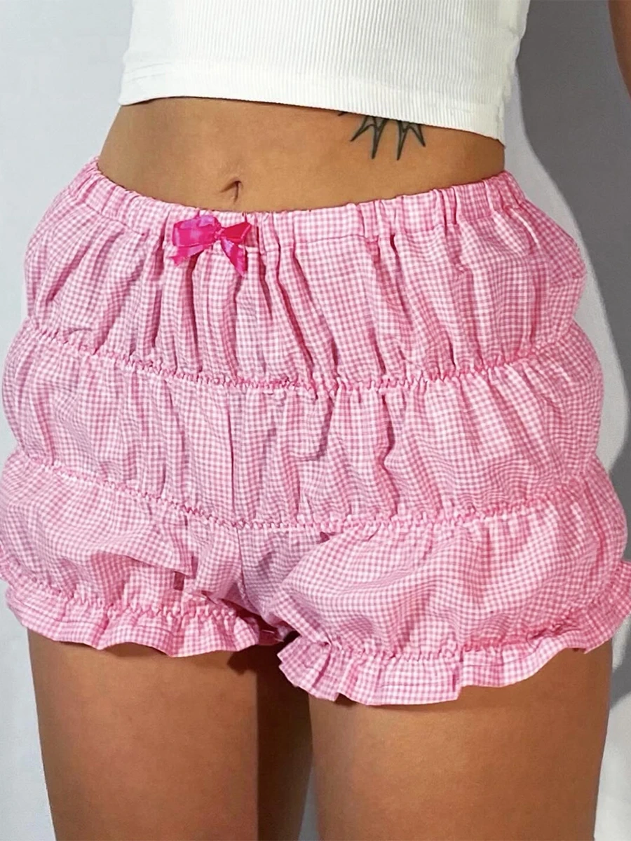 

Women Pajama Shorts Comfy Plaid Print Ruffle Elastic Waist Lounge Pants Stretch Sleep Pj Bottoms for Sleepwear