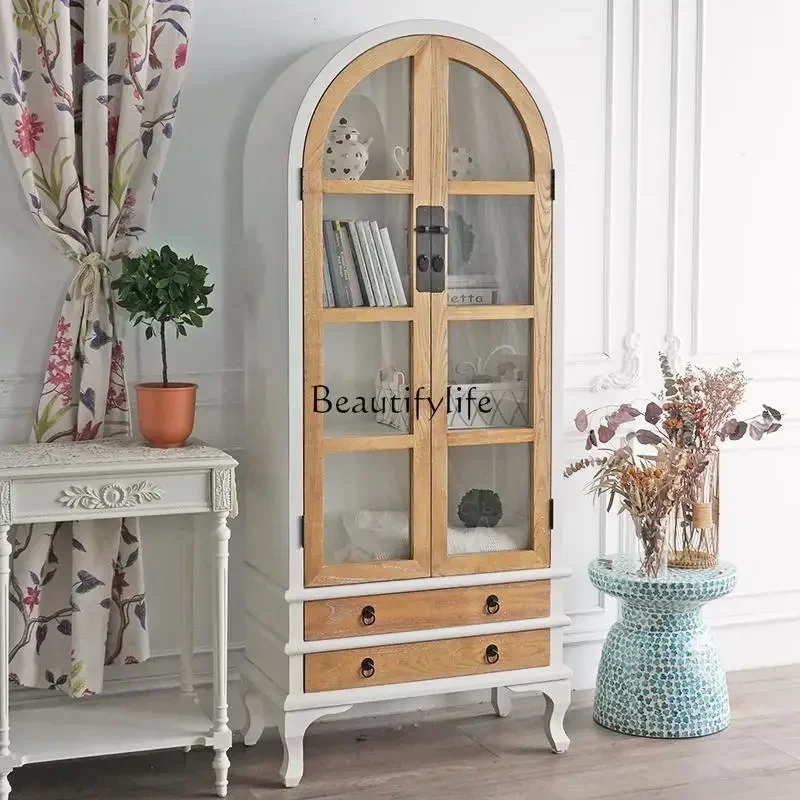 

01*French country style black old wood color mixed and matched storage display cabinet