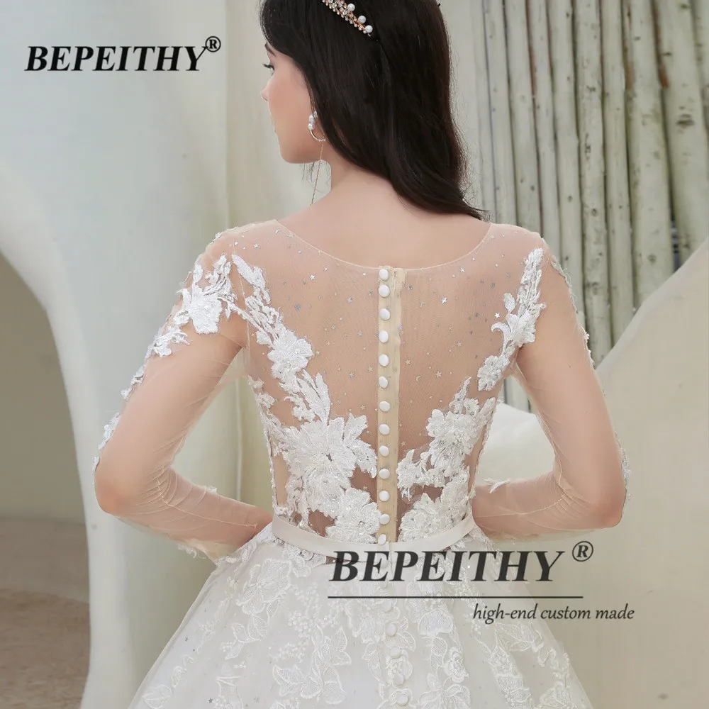 BEPEITHY Customized A-Line Wedding Dresses For Women Full Sleeves Princess Stars Tulle Glitter Bridal Gowns Bride Party Dress