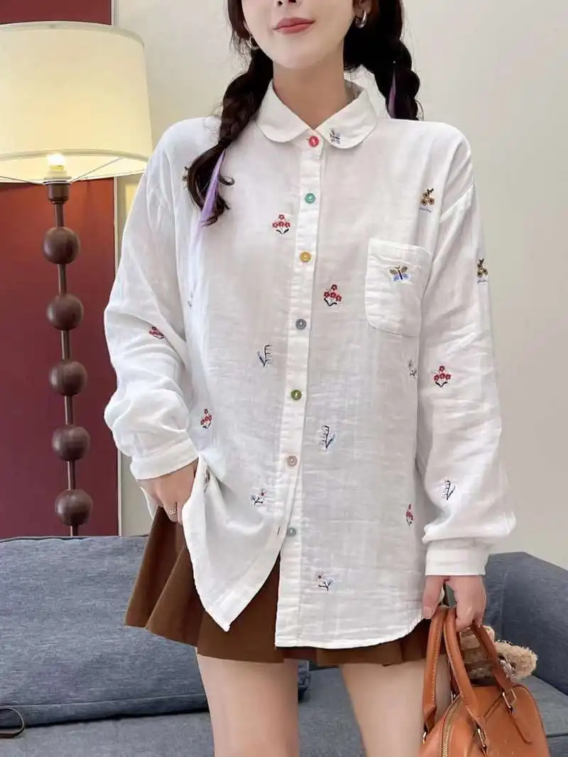 Vintage Rustic Flowers Embroidery Denim Shirts Blouses Women Sweet Cotton Long Sleeve Tops Lolita Shirt MoriGirl Cute Clothes