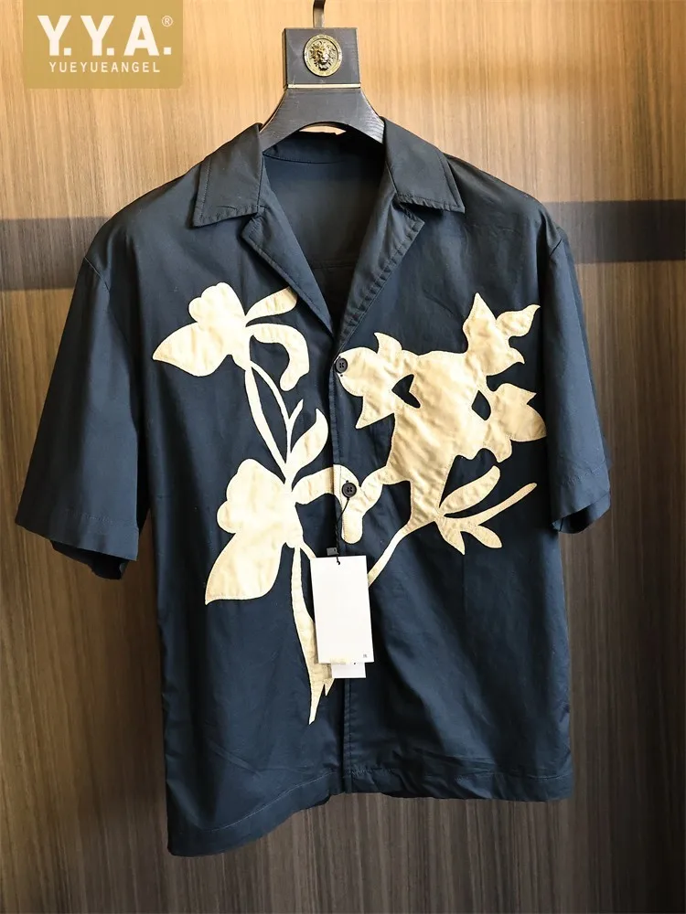 

Summer Males Holiday Style Loose Fit Paste Cloth Embroidery Shirt Vintage Short Sleeve Turndown Collar Casual Personality Tops