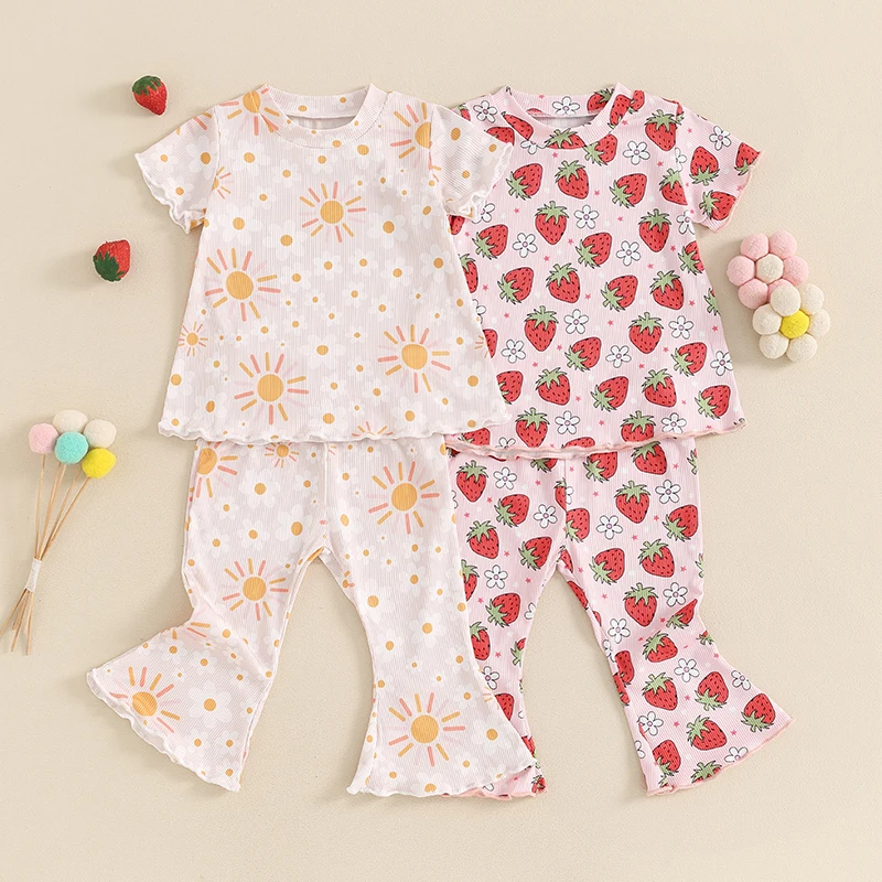 

Lioraitiin Toddler Baby Girls Ribbed Outfits Strawberry Print O-Neck Short Sleeve Tops + Elastic Waist Flare Pants Summer Outfit