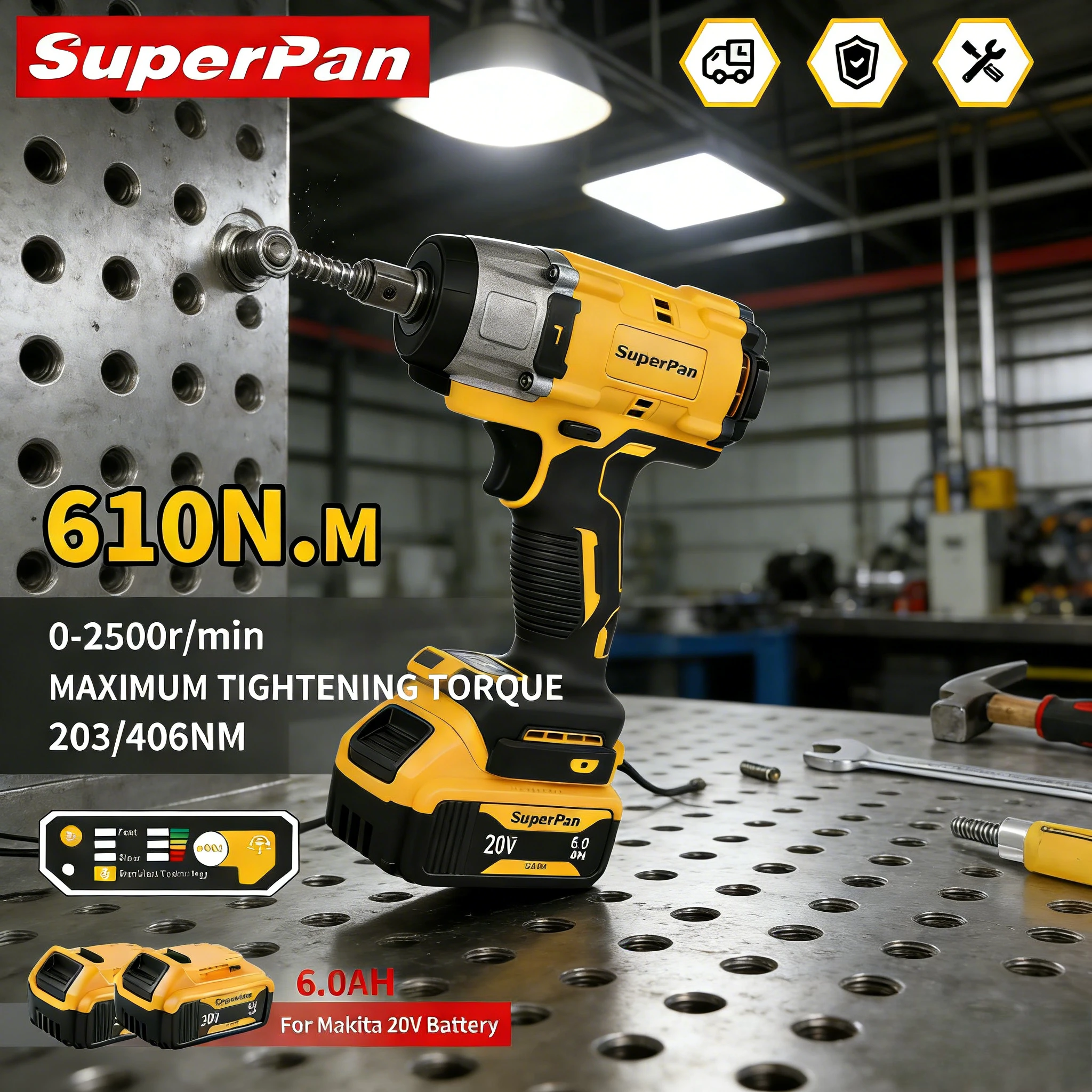 

SuperPan Industrial-Grade Impact Wrench Brushless Motor Anti-Vibration Equipment Assembly 20V 610Nm 1/2" Drive for Dewalt