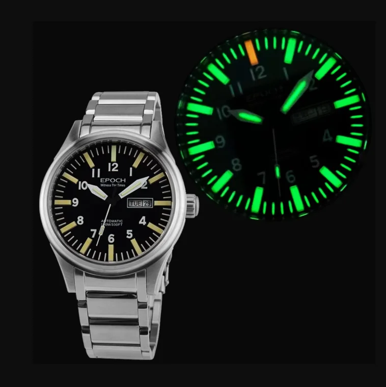 EPOCH Men Automatic Watch 43MM Mechanical Wristwatch Luminous Tubes Diver 100M Waterproof Sapphire SW200 Dual Calendar Week Date
