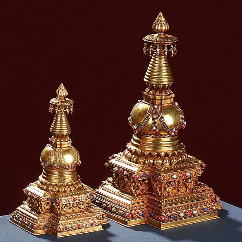 Nepal Copper Tibetan Stupa Tantric Engraved Inlaid Gem Buddhist Tower Handicraft Religious Altars Desktop Decorative,21 cm