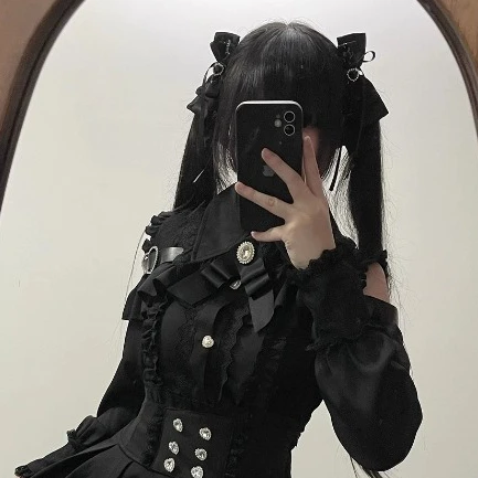 Jirai Kei Shirt-Outfit, Lolita Y2K Spitzenbluse mit kurzen und langen Ärmeln, süßer Kawaii-Stil für Damen, schwarzer Rock mit hoher Taille im japanischen Stil