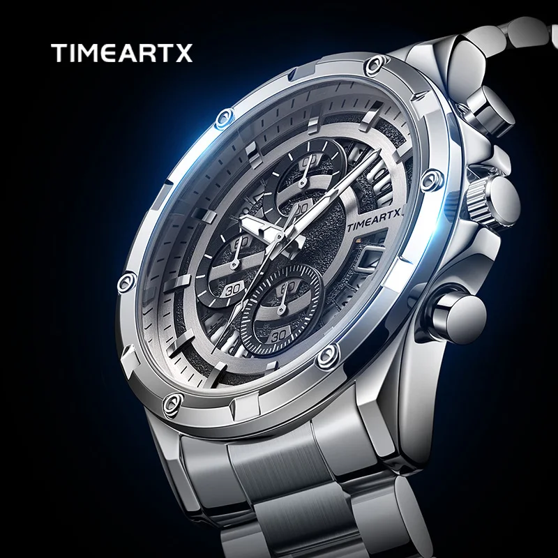 

TIMEARTX Quality Fashion Stainless Steel Waterproof Quartz Wrist Watch Man Steel Band Digital Scale Three Eye Watch