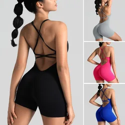 Yoga Sexy Cruz espalda descubierta Fitness mono Mujer una pieza correr entrenamiento sin mangas Scrunch Top pantalones cortos Enterizo Deportivo Mujer