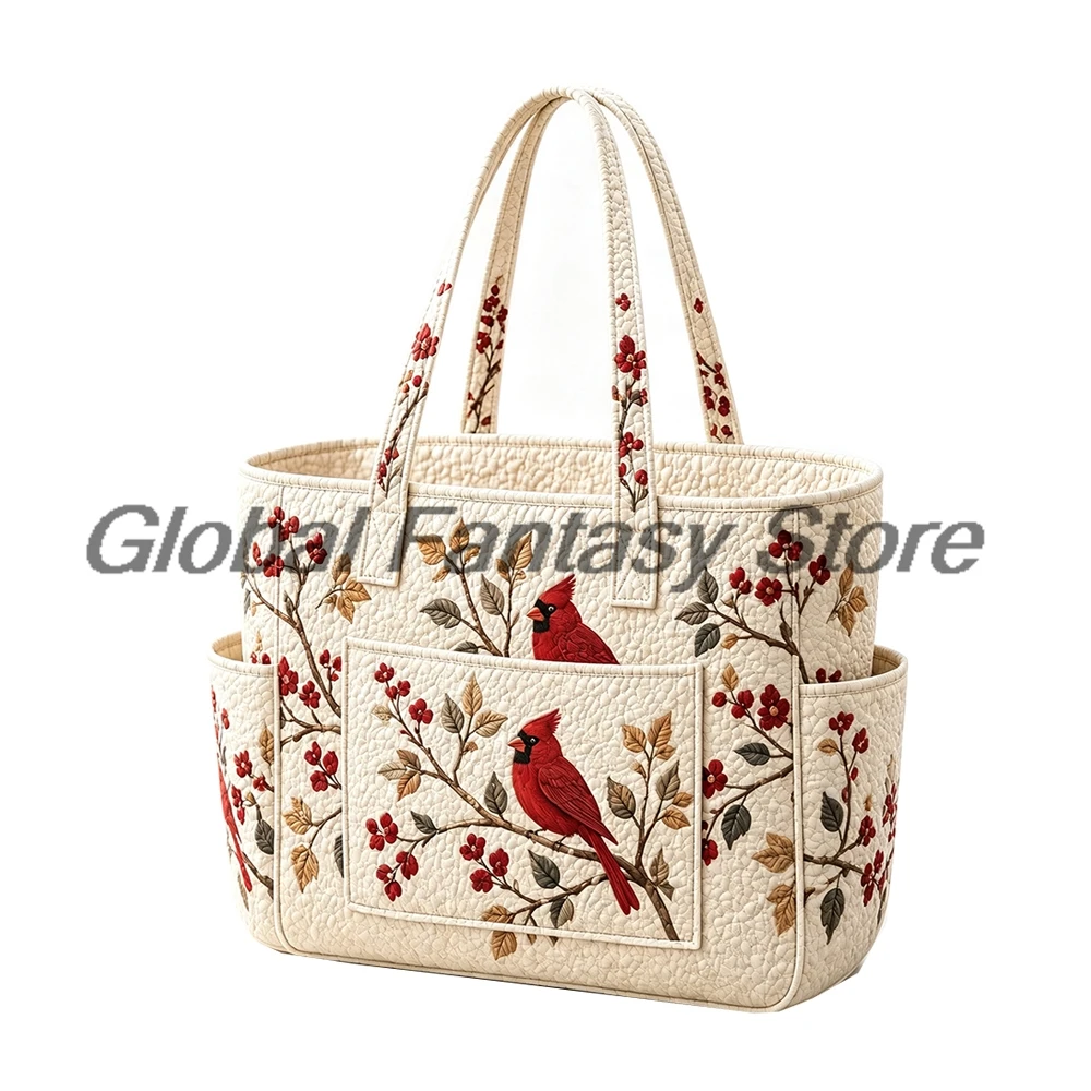 Cardinal Bird Floral Print Boho Quilted Tote Bag Multiple Pockets Shoulder Handbag Women Daily Shopping Bags