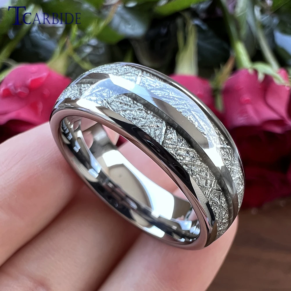 

8MM Womens Mens Bright Meteorite Ring Tungsten Wedding Band Domed Polished Nice Gift Jewelry Comfort Fit