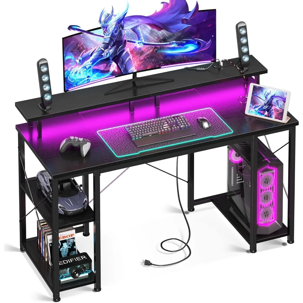 Inch Gaming Desk with LED Lights & Power Outlets, Computer Desk with Monitor Stand & Storage Shelves, CPU Stand,Home Office Desk