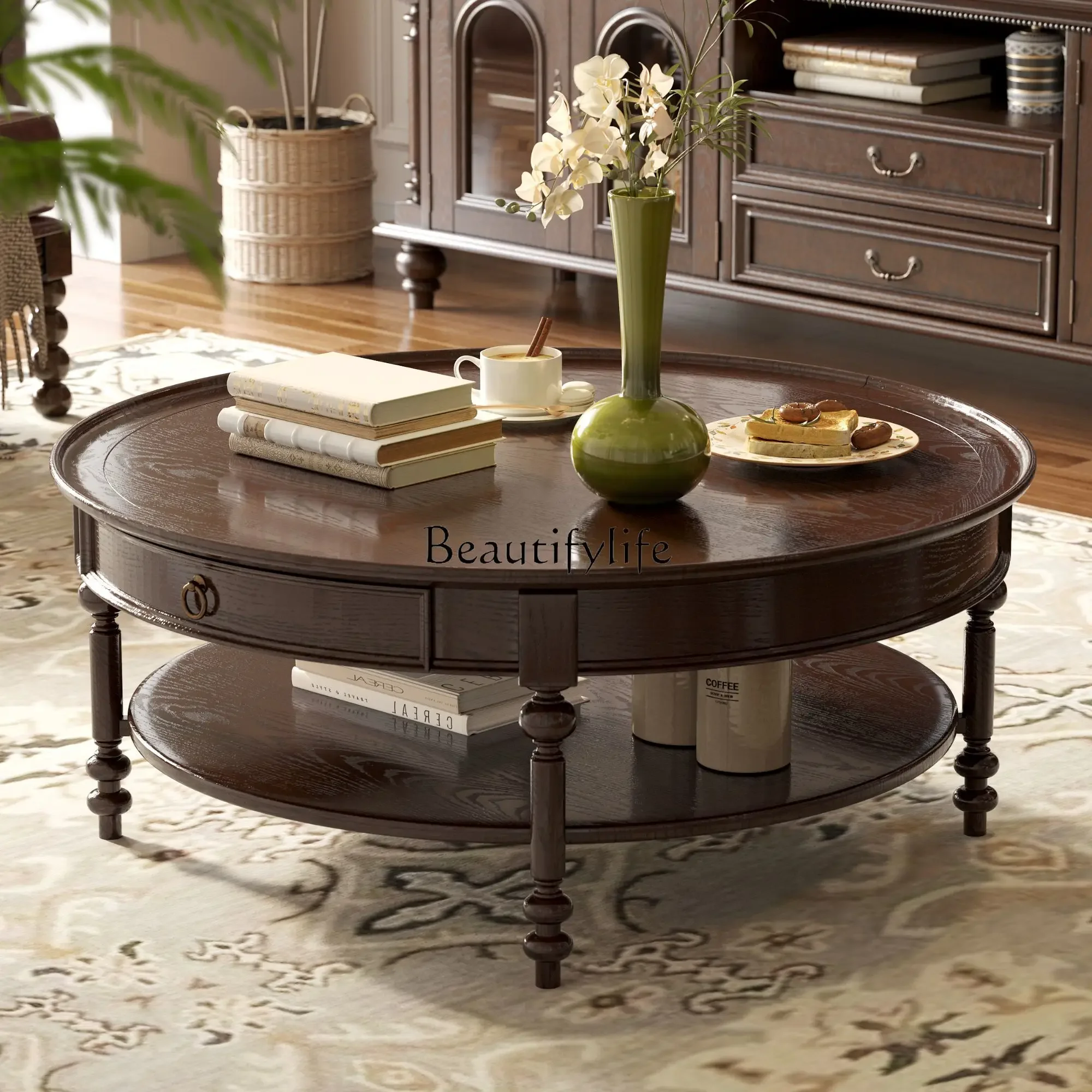 

ls 51 American rural solid wood simple round coffee table French retro living room double round coffee table