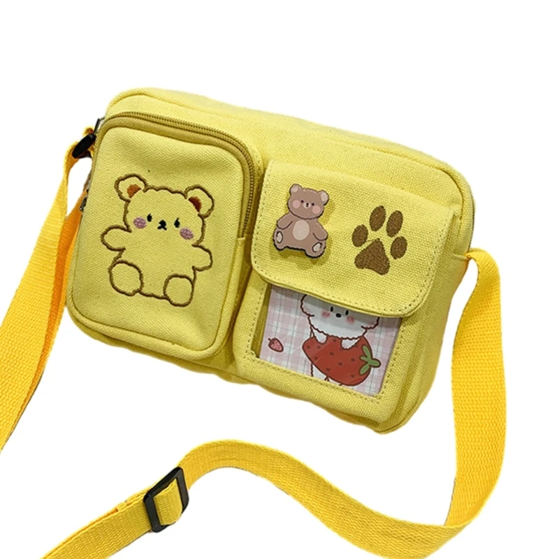 Trendy Teen Girls Crossbody Bag with Bear Embroidery Fashionable Canvas