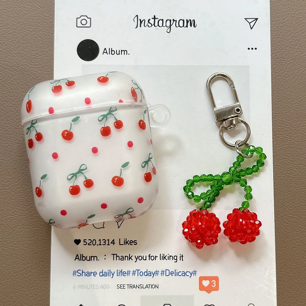 For AirPods Pro 2nd Case Cherry Cartoon Soft Silicone Cover For AirPods 4 3 1 2 Girls Earphone Box Shell With Crystal Pendant