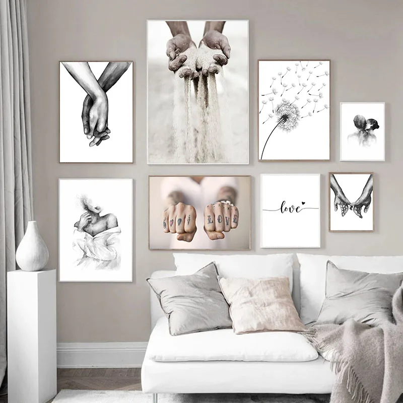 

Black White Romantic Hand in Hand Poster Print Canvas Painting Modern Love Quotes Wall Art Picture for Couples Lovers Room Decor