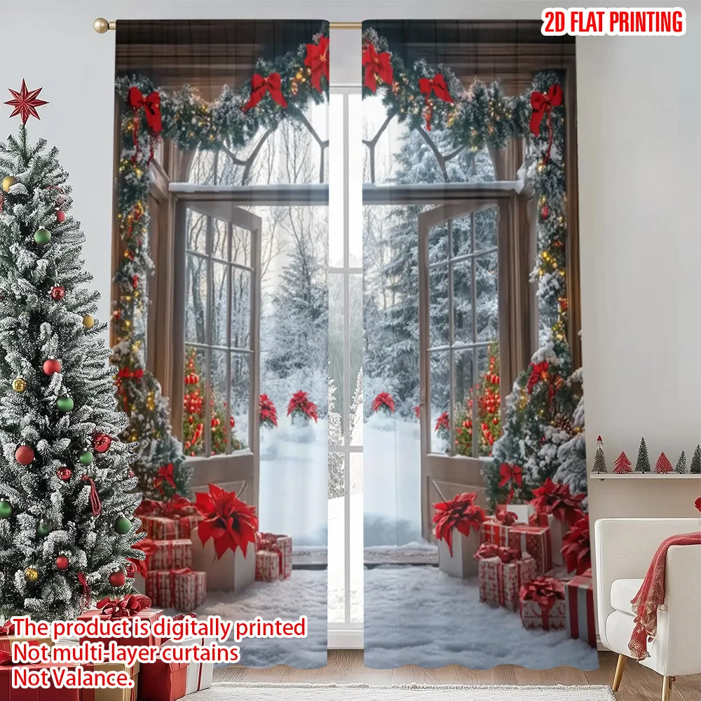 

2pcs 2D flat printing Merry Christmas Popular Party Window Curtains Christmas3 Durable Polyester Without Electricity Festive