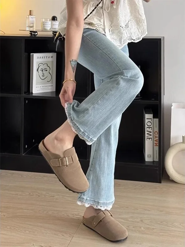 

Retro Lace Splice Straight Leg Jeans Women's Summer plus Size Loose Slim Wide Leg Pants High Waist Thinming Tapering Effect