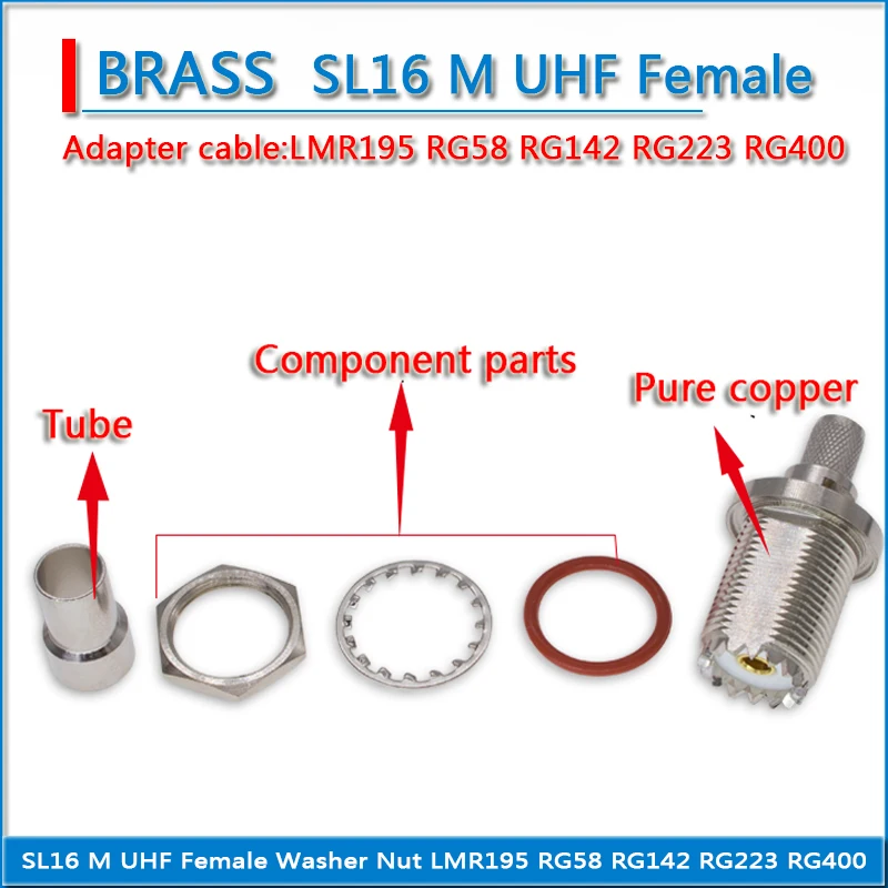 PL259 SO239 PL-259 SO-239 M UHF Female O-ring Bulkhead Panel Nut Window Crimp for LMR195 RG58 RG142 RG223 RG400 Brass Cable