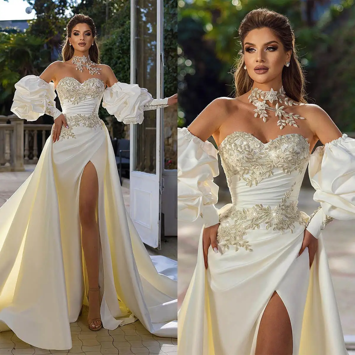 Luxury Mermaid Wedding Dresses Lantern Sleeve Appliques Bridal Gown Sweetheart Dress Sweep Train Vestido De Noiva Customized