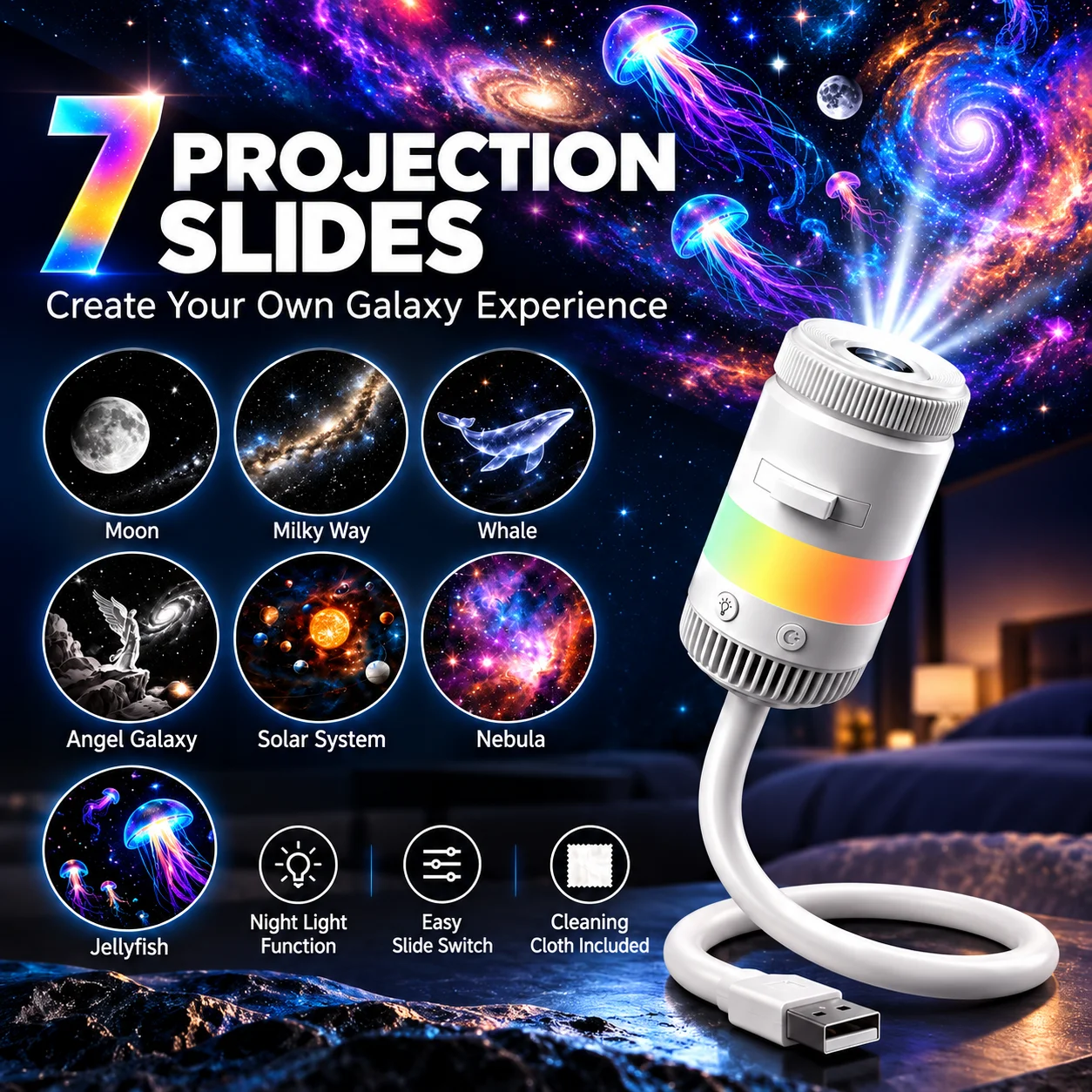 Galaxy Decor Projector Night Light, USB 2-in-1 Ceiling Star Lamp with 7 Films & Lens Cleaner,Adjustable Focus for Kids RoomDecor